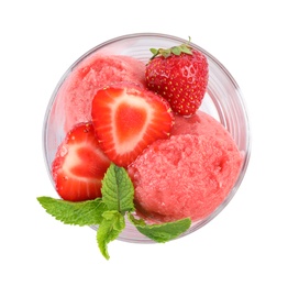 Photo of Delicious strawberry ice cream with mint and fresh berries in dessert bowl on white background, top view