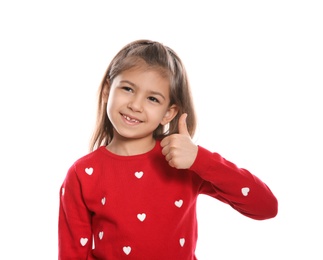 Photo of Little girl showing THUMB UP gesture in sign language on white background