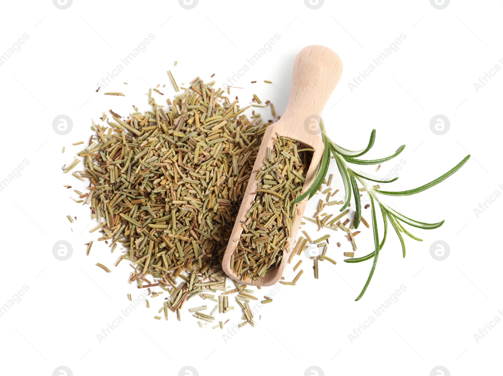 Photo of Wooden scoop with fresh and dry rosemary isolated on white, top view