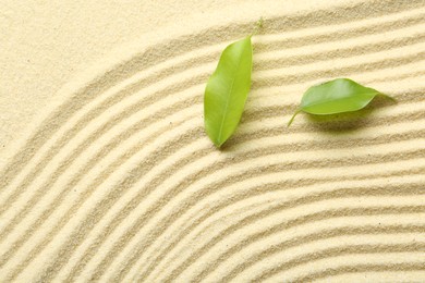 Photo of Zen rock garden. Wave pattern and green leaves on beige sand, top view