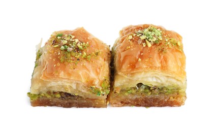 Photo of Delicious fresh baklava with chopped nuts isolated on white. Eastern sweets