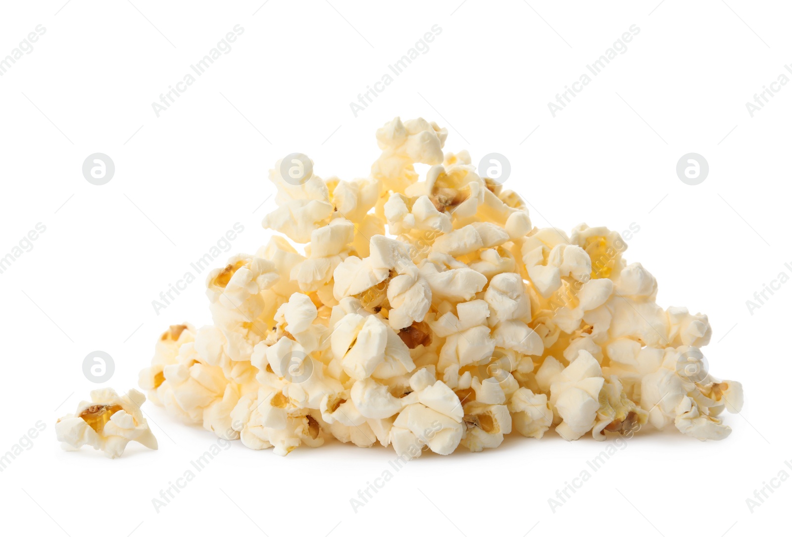 Photo of Pile of delicious fresh popcorn on white background