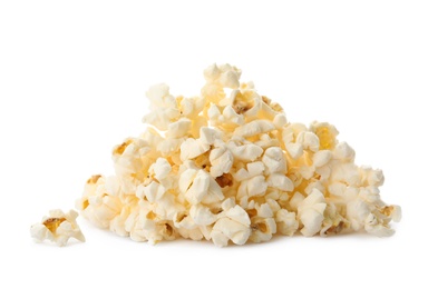 Pile of delicious fresh popcorn on white background