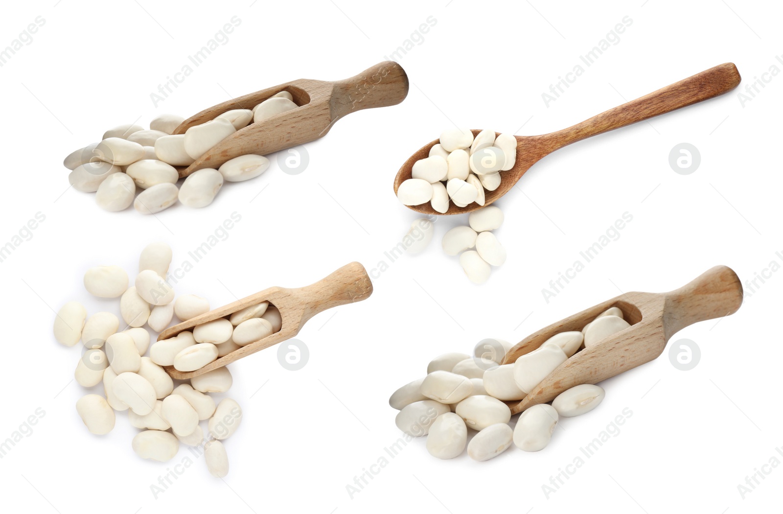 Image of Set with uncooked beans on white background 