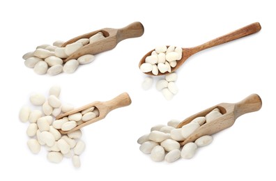 Image of Set with uncooked beans on white background 