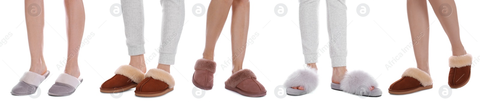 Collage with photos of women wearing stylish slippers on white background, closeup. Banner design Image of Collage with photos of women wearing stylish slippers on white background, closeup. Banner design