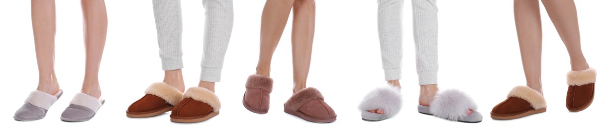 Image of Collage with photos of women wearing stylish slippers on white background, closeup. Banner design