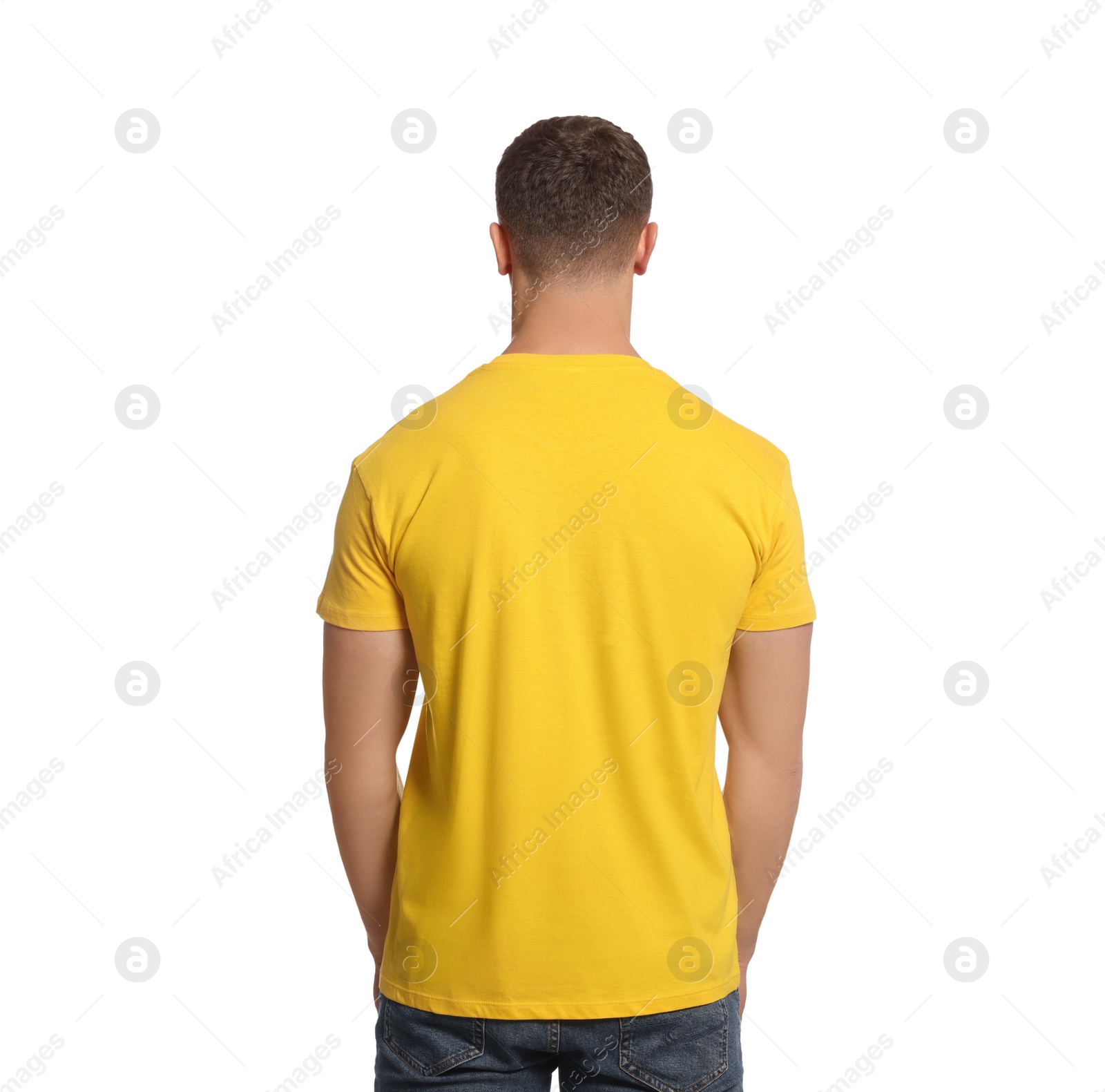 Photo of Man wearing yellow t-shirt on white background, back view. Mockup for design