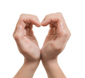 Photo of Woman making heart with hands on white background, closeup
