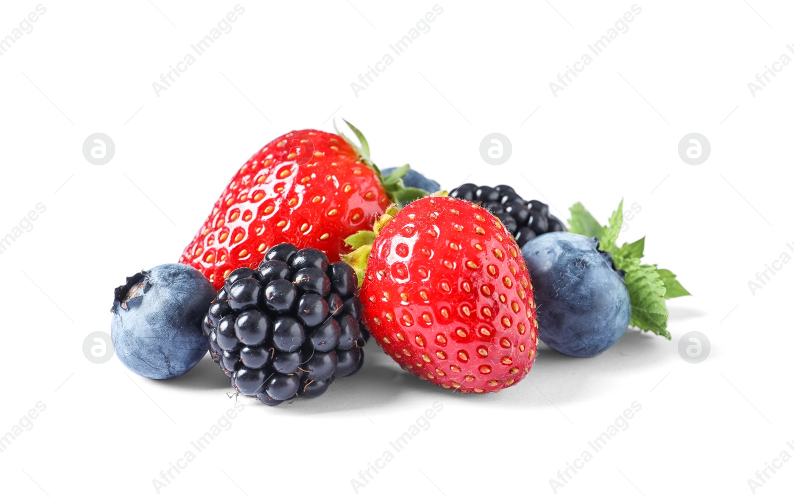 Photo of Strawberries, blackberries and blueberries on white background