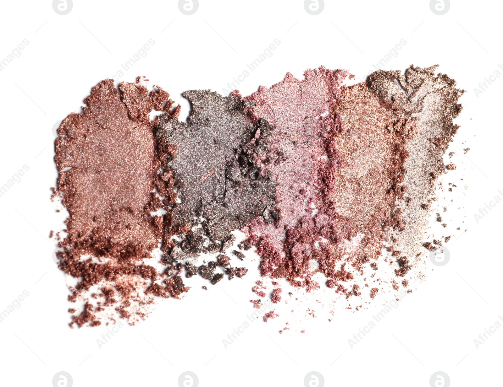 Photo of Crushed eye shadows on white background, top view. Professional makeup product