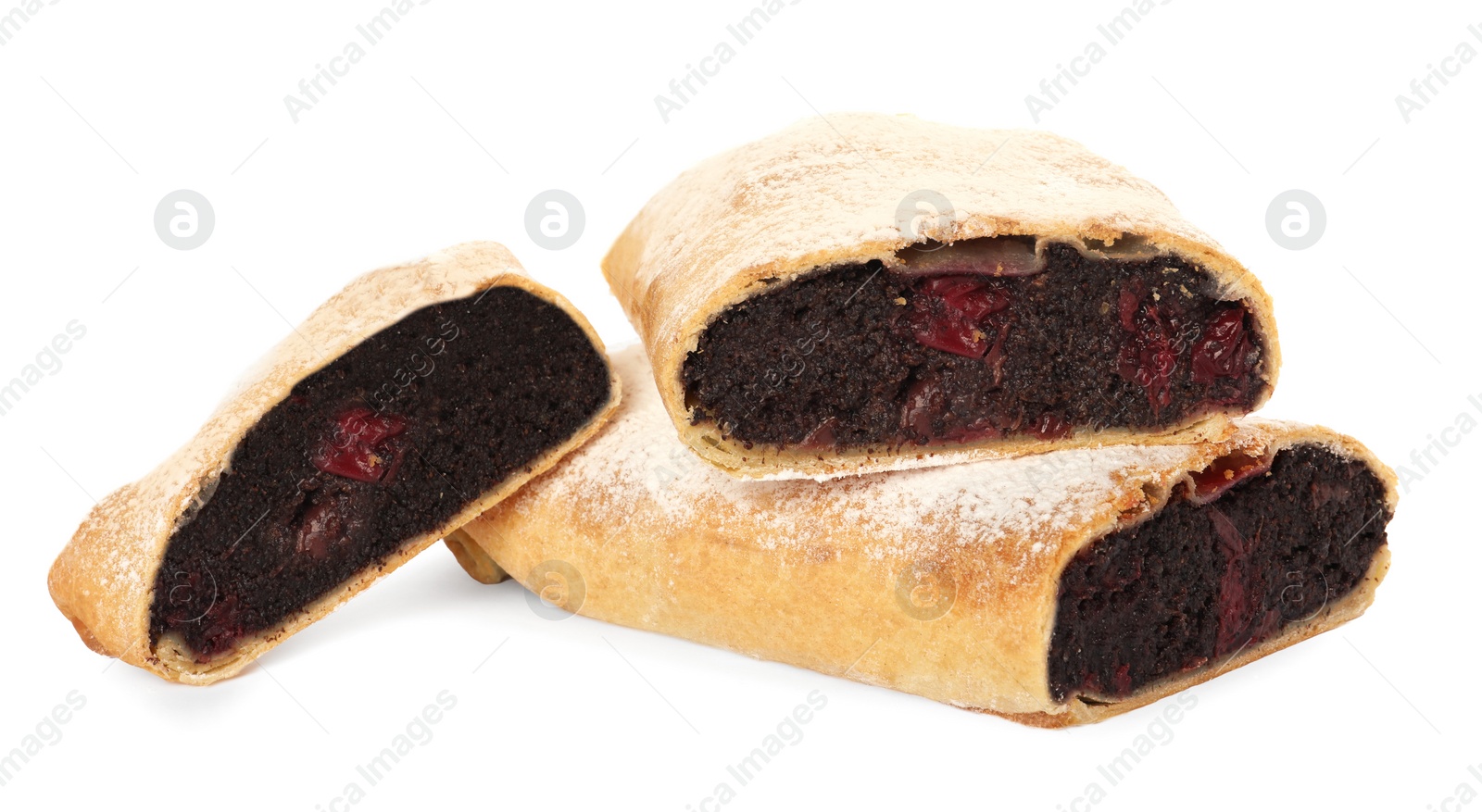 Photo of Delicious cut strudel with cherries and poppy seeds isolated on white