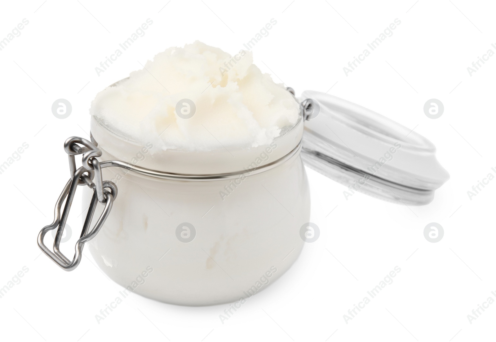 Photo of Delicious pork lard in glass jar isolated on white