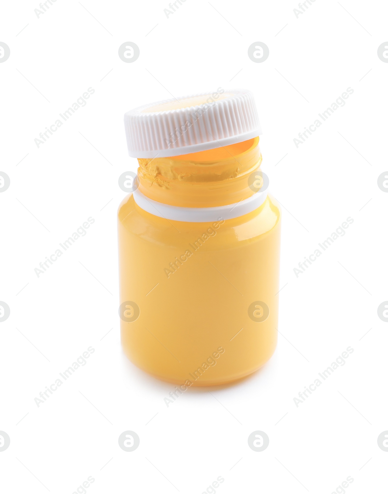 Photo of Jar with yellow paint on white background. Artistic equipment for children