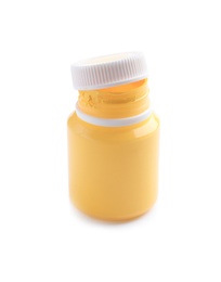 Photo of Jar with yellow paint on white background. Artistic equipment for children