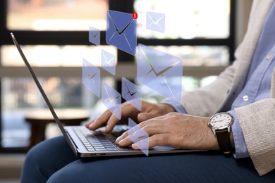 Man typing on laptop indoors, closeup. Many illustrations of envelope as incoming messages over device