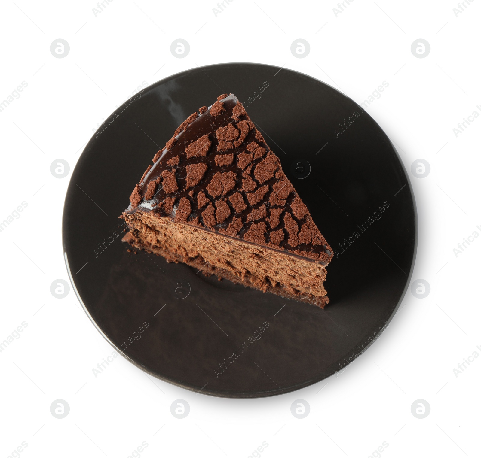 Photo of Piece of delicious chocolate truffle cake isolated on white, above view