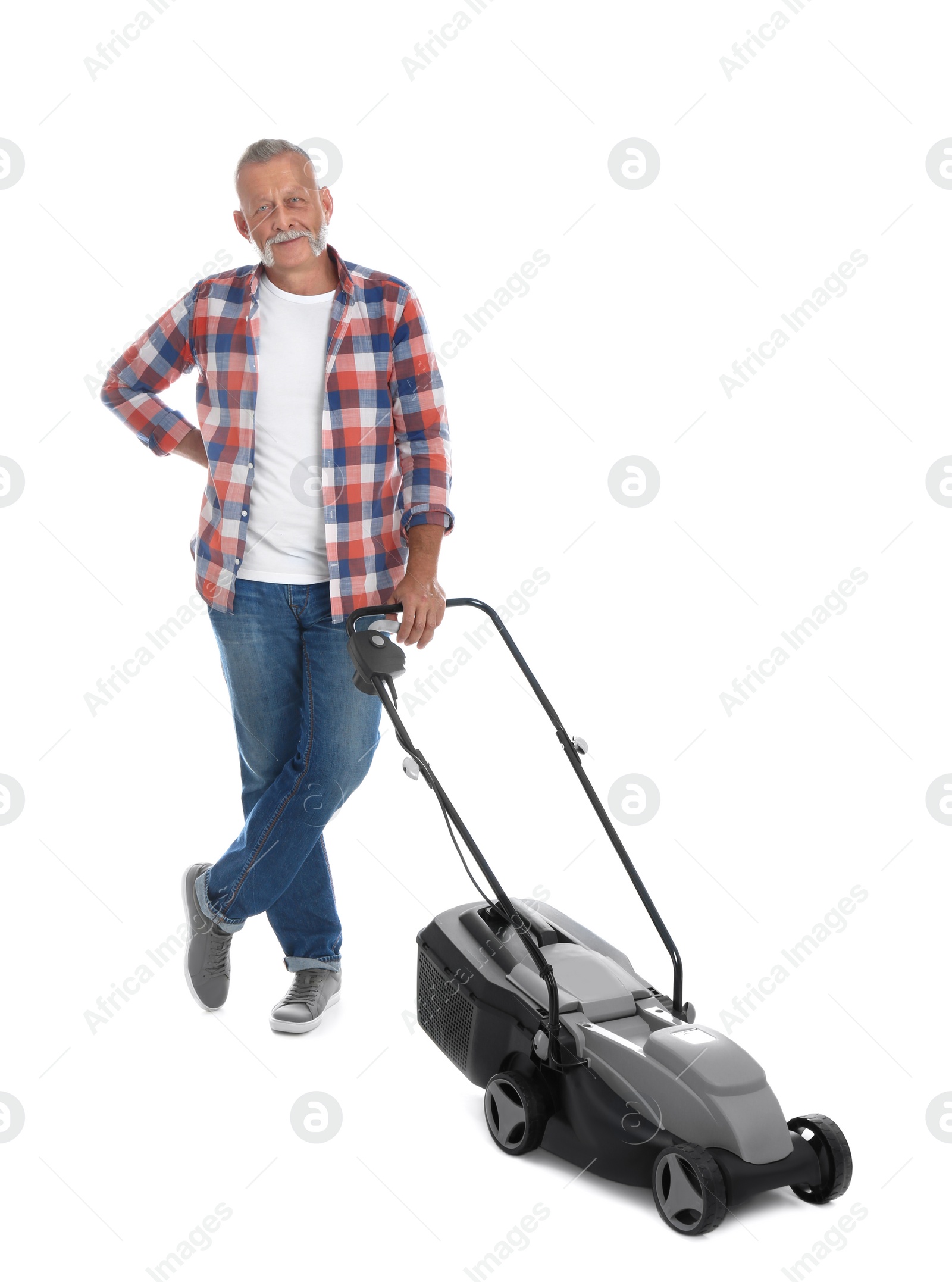 Photo of Senior man with modern lawn mower on white background