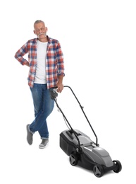 Senior man with modern lawn mower on white background