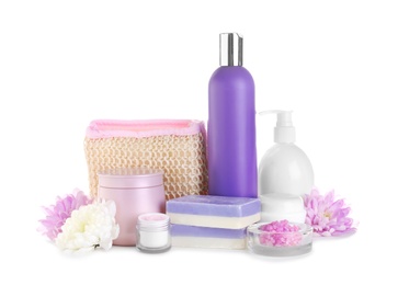 Photo of Composition of body care products on white background