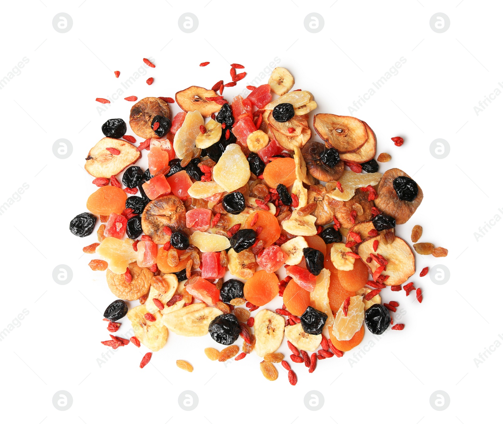 Photo of Pile of different tasty dried fruits on white background, top view