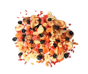 Pile of different tasty dried fruits on white background, top view