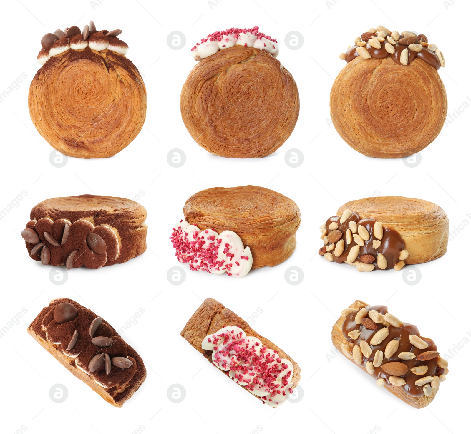 Image of Set of round croissants isolated on white, top and side views. Puff pastry