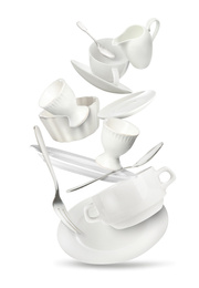 Image of Set of clean tableware in flight on white background