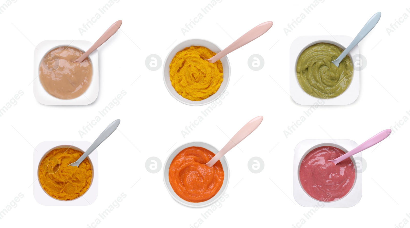 Image of Set of baby food isolated on white, top view