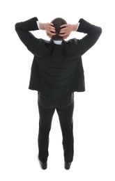 Businessman in suit on white background, back view