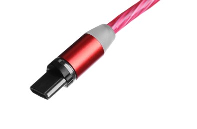 Photo of Red USB cable with type C connector isolated on white
