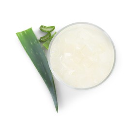 Aloe vera gel and slices of plant isolated on white, top view