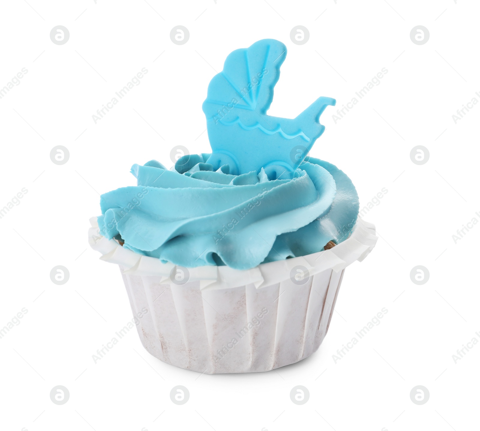 Photo of Baby shower cupcake with light blue cream and topper isolated on white