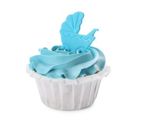 Baby shower cupcake with light blue cream and topper isolated on white