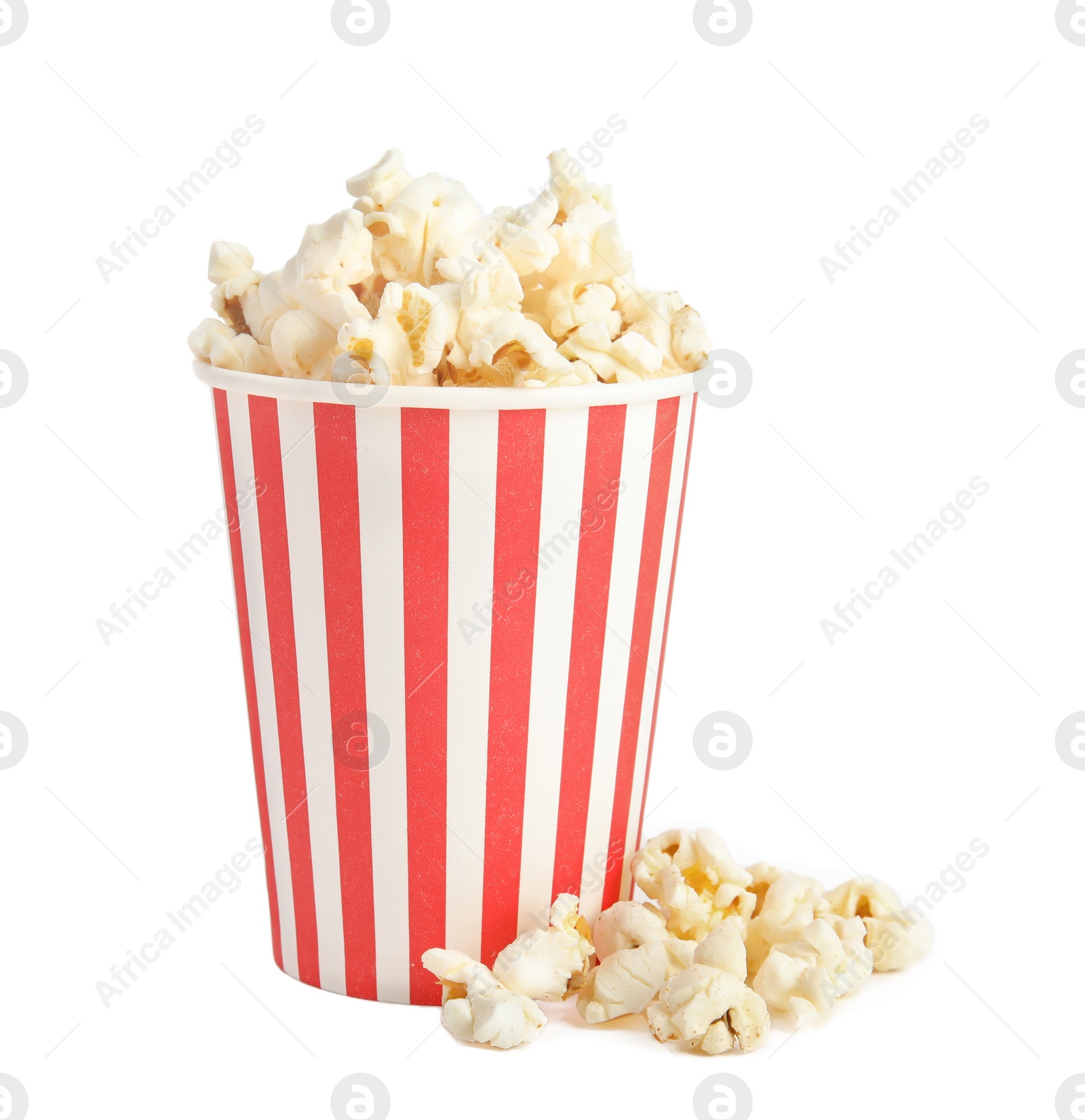 Photo of Bucket of tasty pop corn isolated on white
