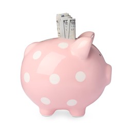 Photo of Piggy bank with money on white background