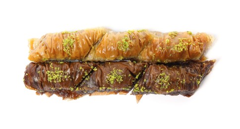 Photo of Delicious sweet baklava on white background, top view