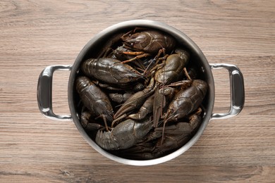 Fresh raw crayfishes in pot on wooden table, top view