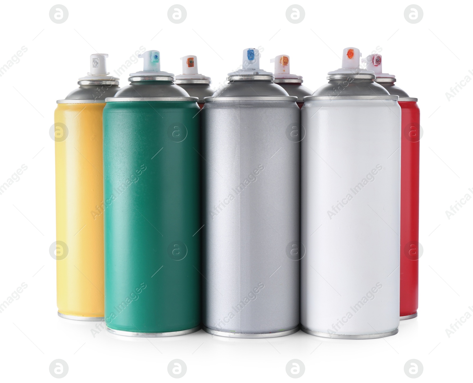 Photo of Many spray paint cans isolated on white