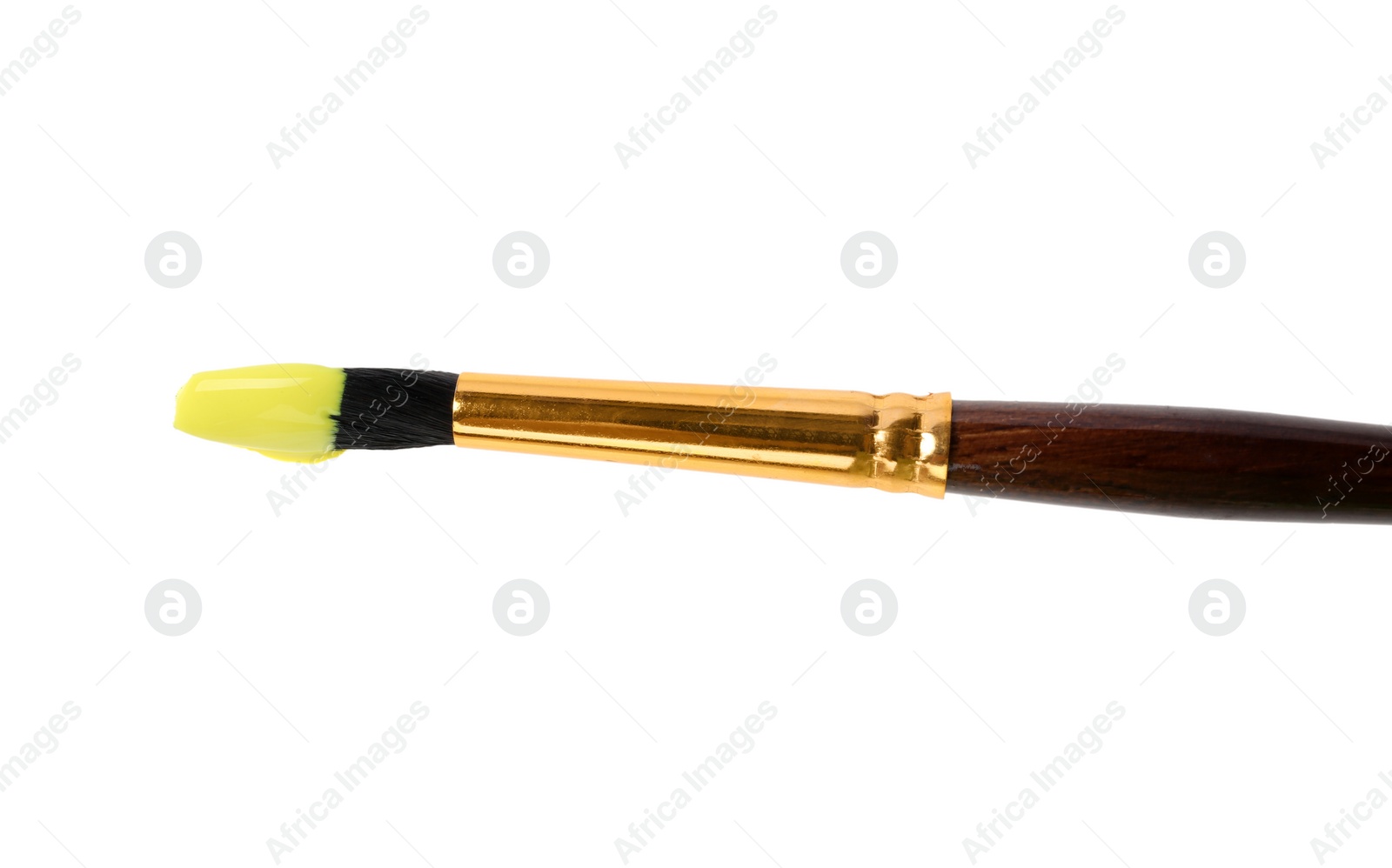 Photo of Brush with color paint on white background, top view