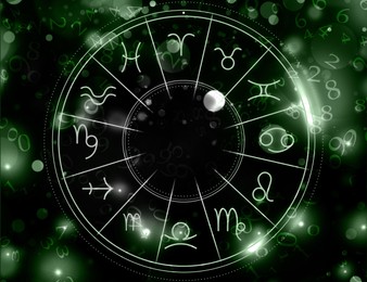 Numerology. Many numbers and zodiac wheel against green background, bokeh effect