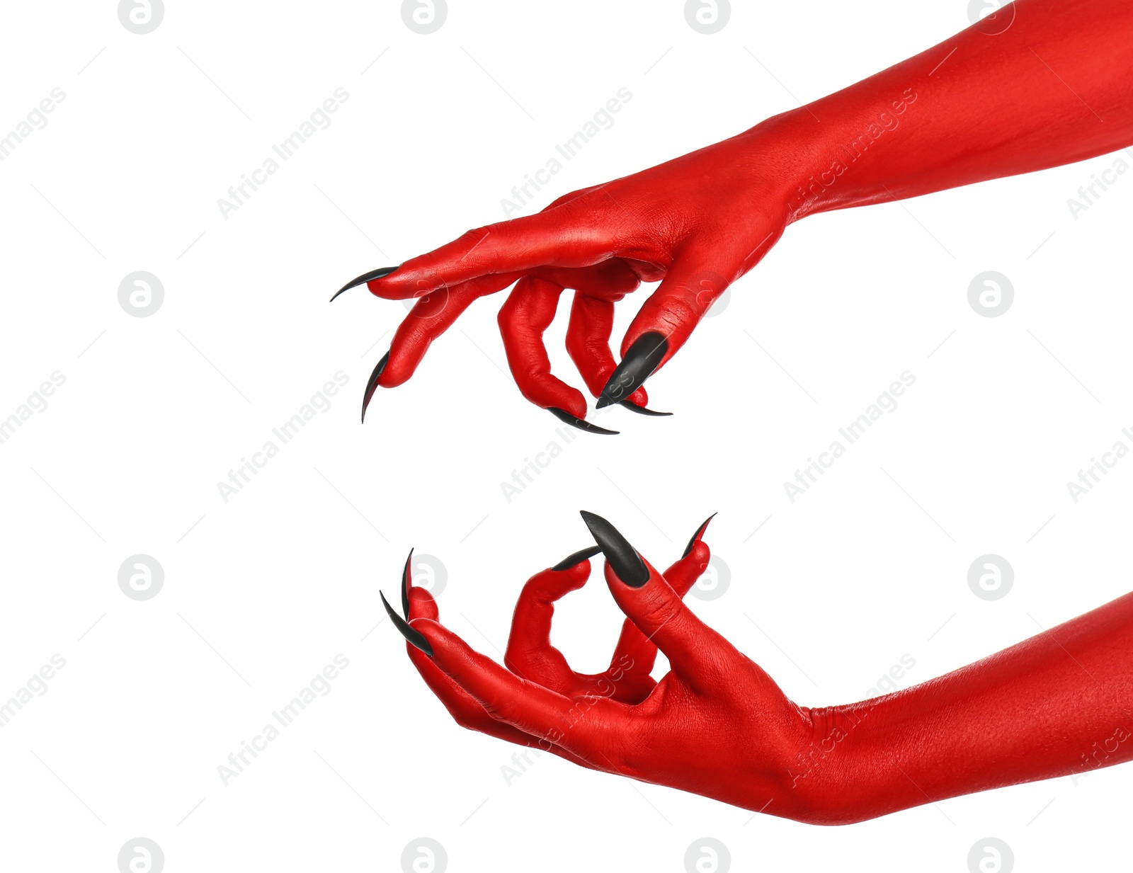 Photo of Scary monster on white background, closeup of hands. Halloween character