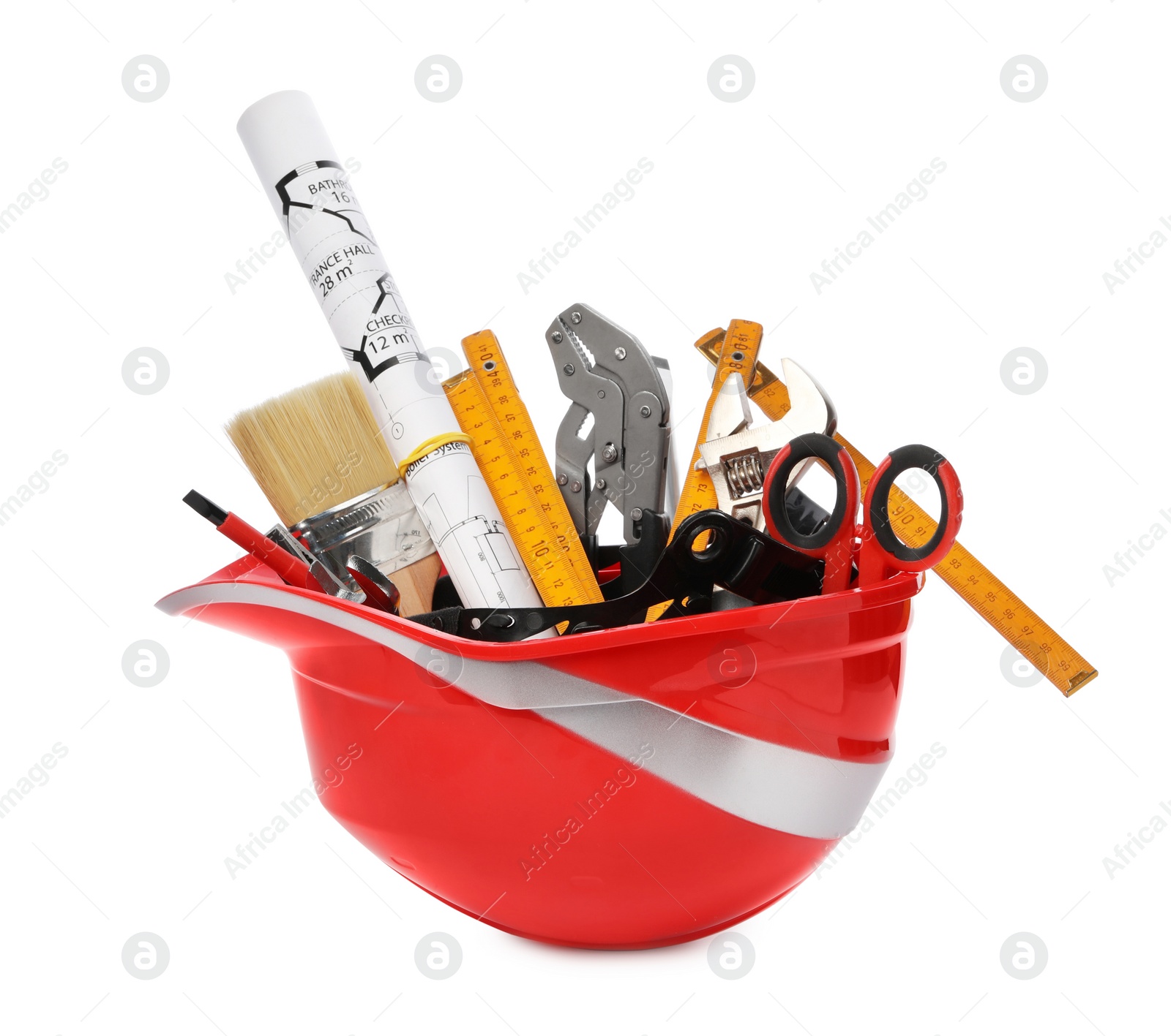 Photo of Hardhat with different construction tools isolated on white