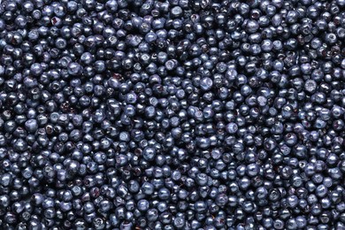 Photo of Many tasty fresh bilberries as background, top view