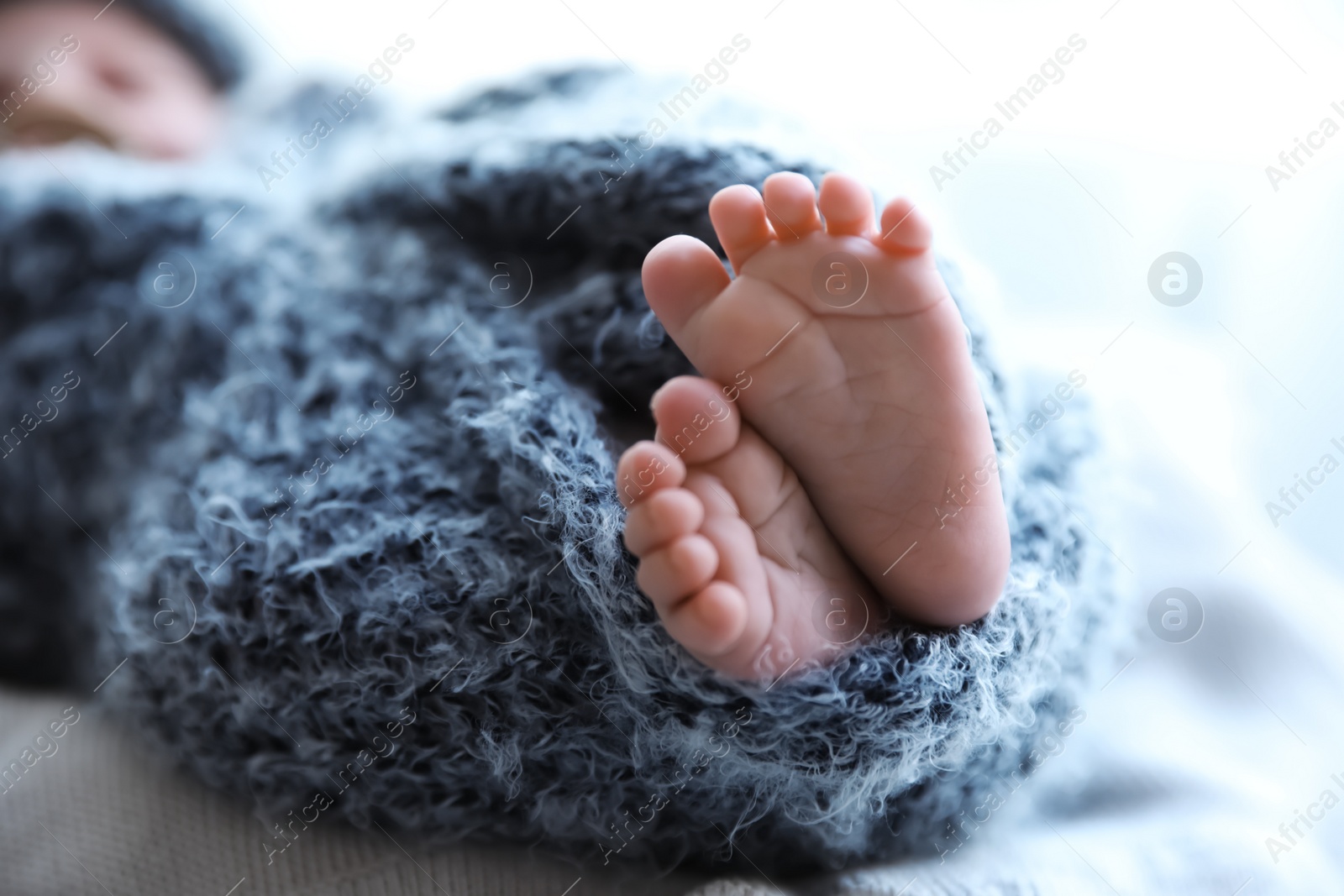 Photo of Newborn baby lying on plaid, closeup of legs