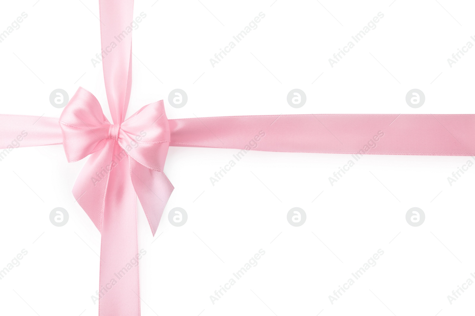 Photo of Pink satin ribbon with bow isolated on white, top view