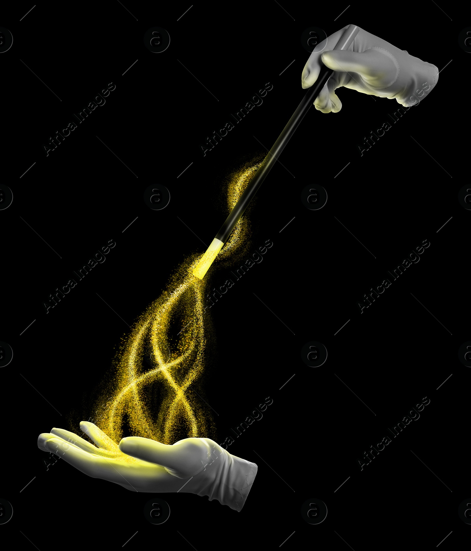 Image of Magician with magic wand performing trick on black background, closeup