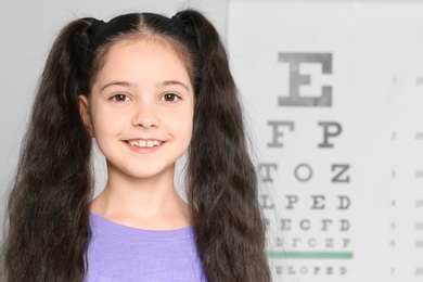 Portrait of cute little girl visiting children's doctor, space for text. Eye examination