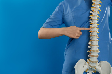 Photo of Female orthopedist with human spine model against blue background, closeup. Space for text