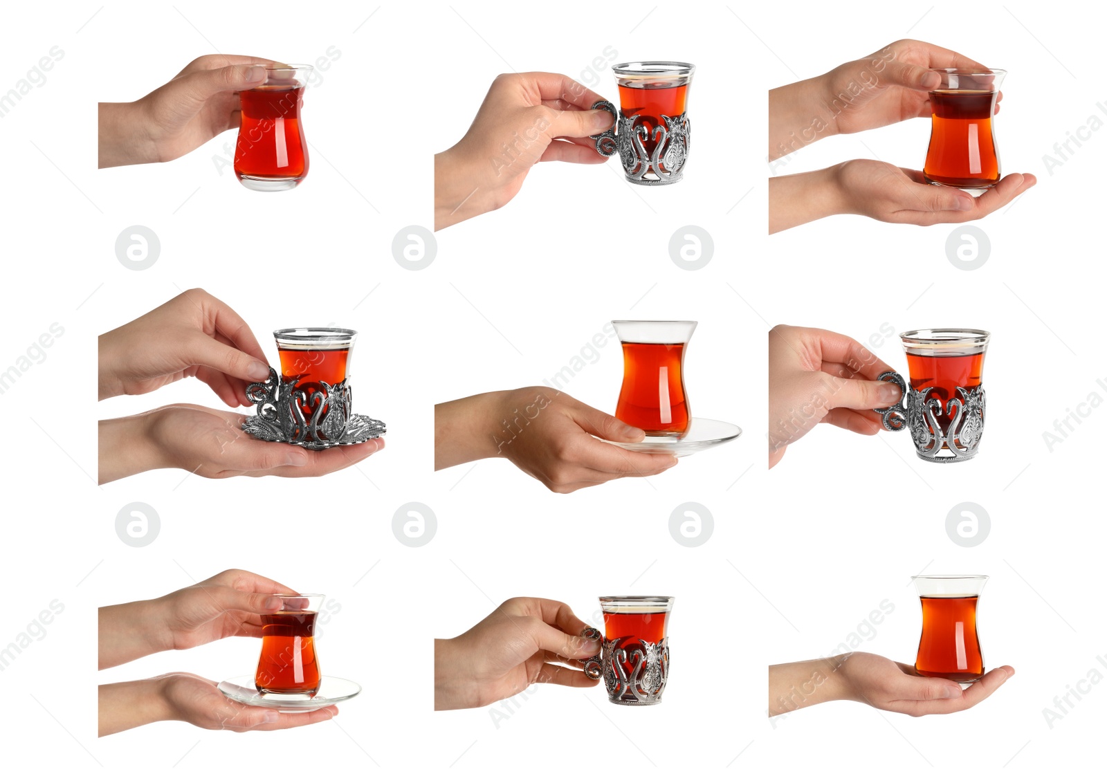 Image of Collage with photos of women holding glasses with traditional Turkish tea on white background. Banner design